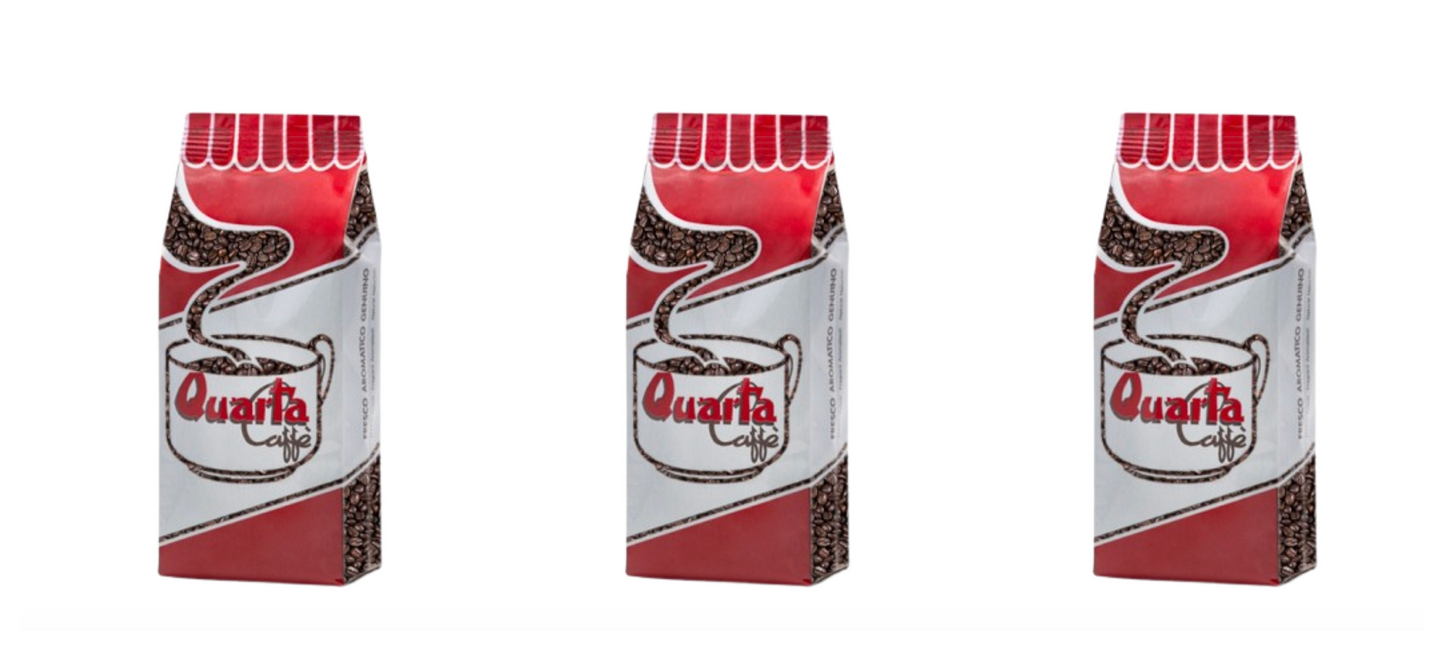 Quarta caffè 3 confezioni miscela rossa in grani, ogni confezione 250 gr