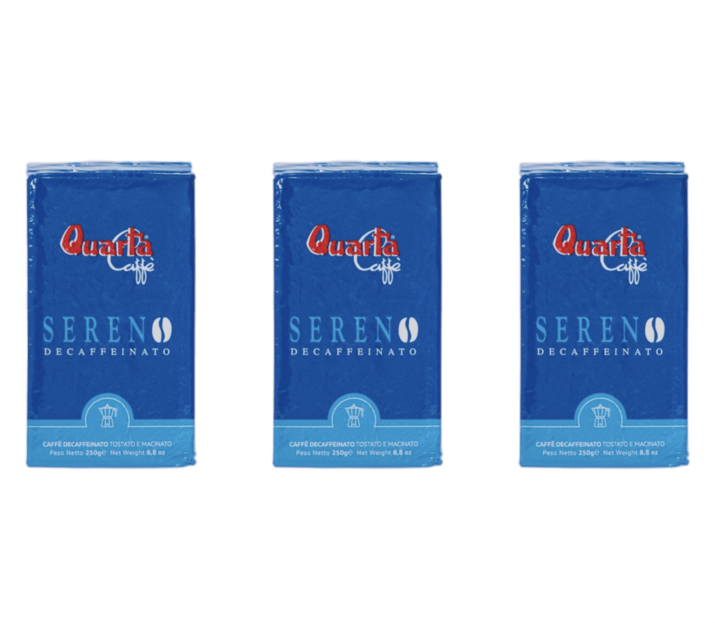 Lot of 3 Quarta packs of decaffeinated SERENO coffee, each pack 250 grams